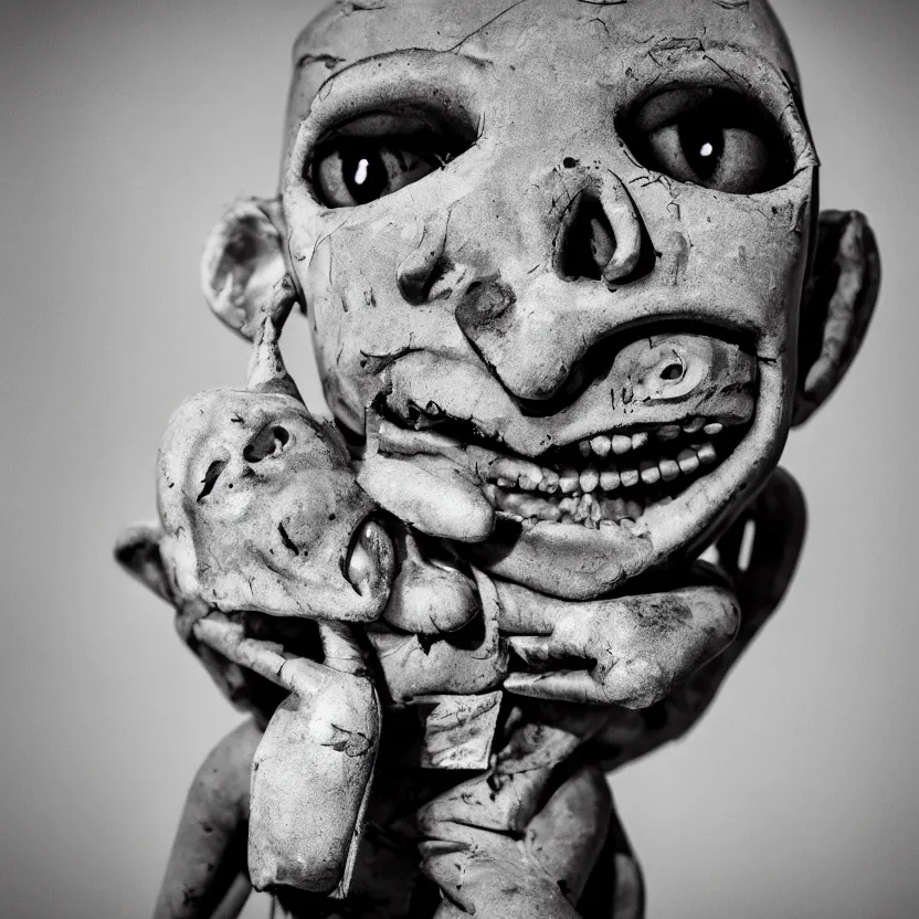 Image similar to creepy ventriloquist dummy in the style of roger ballen, 4 k, bw, portrait