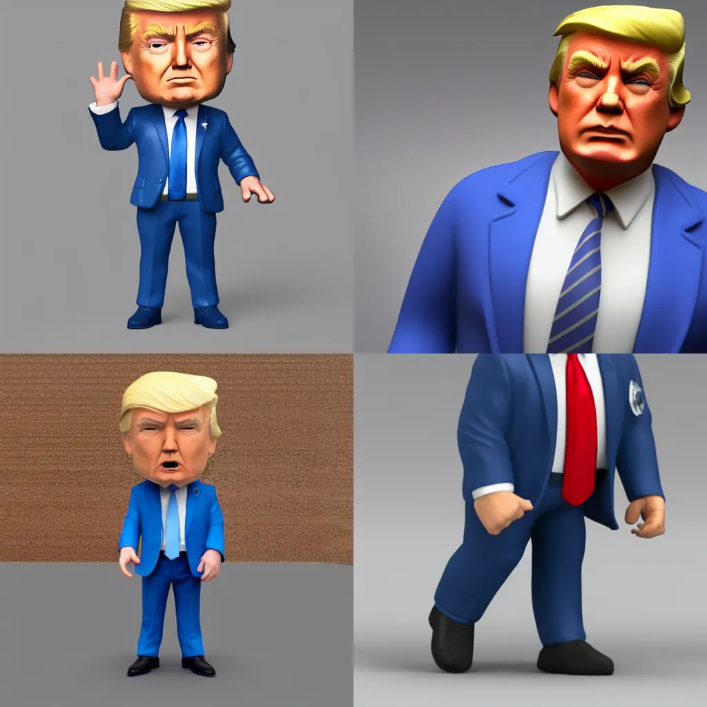 Prompt: full body 3d render of donald trump as a funko pop, studio lighting, grey background, blue suit, blond hair, single person, no shadow, blender, trending on artstation, 8k, highly detailed
