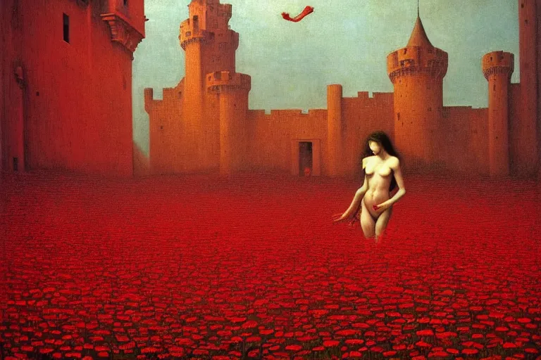 Image similar to only with red, red flowers of different types, a red tiger, a castle in the background, medieval demons dance over the flowers, an ancient path, in the style of beksinski, part by hopper, part by rodcenko, part by hofbauer, intricate composition, red by caravaggio, insanely quality, highly detailed, masterpiece, red light, artstation