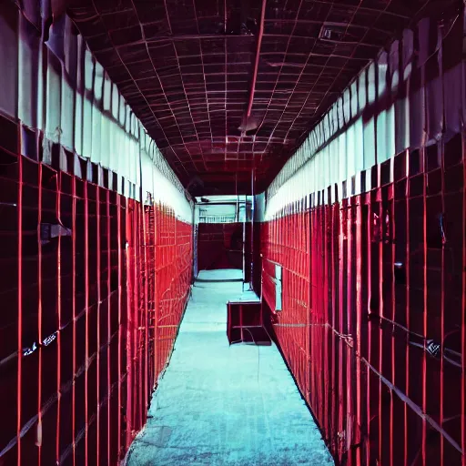 Prompt: noisy color photograph of a retrofuturist liminal space, laboratory, prison, red lights, minimalist, cinematic, soft vintage glow