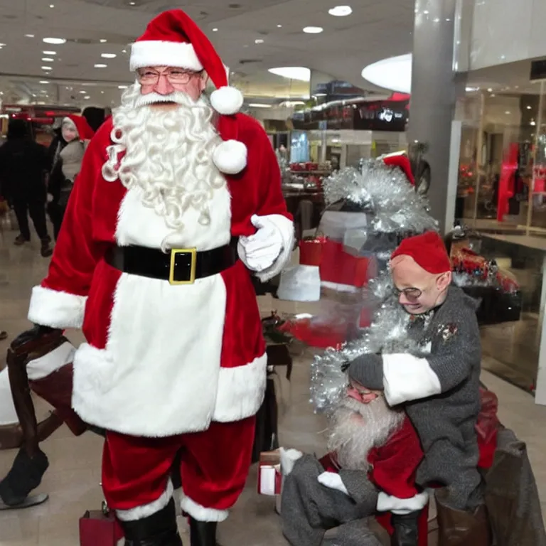 Prompt: walter white dressed as santa in a mall,