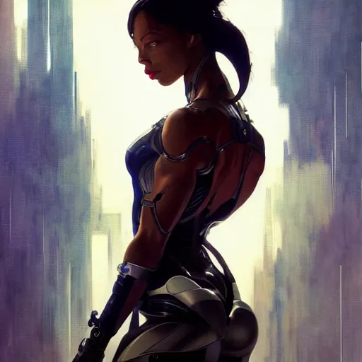 Image similar to cyborg Normani as aeon flux profile picture by Greg Rutkowski, dynamic pose, intricate, futuristic, fantasy, elegant, by Stanley Artgerm Lau, greg rutkowski, thomas kindkade, alphonse mucha, loish, norman Rockwell,