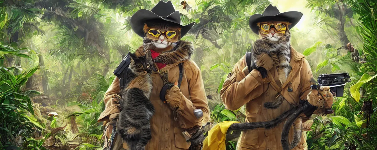 Prompt: a cat wearing a cowboy hat and yellow raincoat and aviator sunglasses, carrying an ak - 4 7 through the jungle. illustrated by akira toriyama, digital painting, hyperrealistic, 4 k, highly detailed