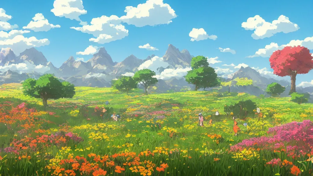 Prompt: fantastic anime sunny meadow with flowers, lone old Oak in the middle plane and mountains on the background, by Hayao Miyazaki, nausicaa of the valley of the wind, studio Ghibli style, Anime wallpaper, stunning