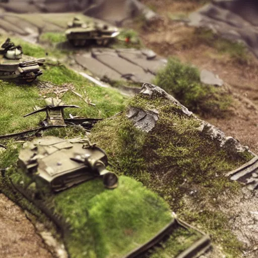 Image similar to photograph of a diorama of a battlefield, tanks and trenches, ruins, bokeh, macro photography