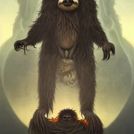 Image similar to unholy sloth, sloth monster, animal sloth, anthropomorphic sloth, demon sloth, demonic robes, damnation, hell, fear, dirty matted fur, evil, horror, fire, gloomy mood, ultra details, art by artgerm, dwayne barlowe, trending on artstation and greg rutkowski and alphonse mucha, 8 k