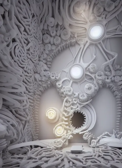 Image similar to biomechanical white yoga room made of corals, daisies, roses, well contoured smooth fair walls, up close shot, sharp focus, global illumination, radiant light, alexandre ferra white mecha, irakli nadar, octane highly render, 4 k, ultra hd,