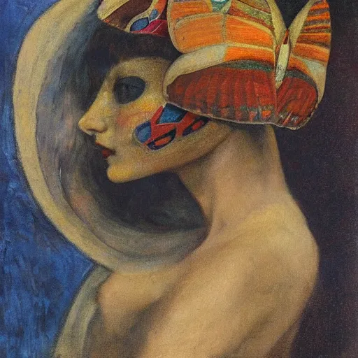 Image similar to the queen in her moth mask, by Annie Swynnerton and Diego Rivera, in profile, symbolist, dramatic lighting, elaborate geometric ornament, Art Brut ,god rays, soft cool colors,smooth, sharp focus, extremely detailed, Adolf Wölfli