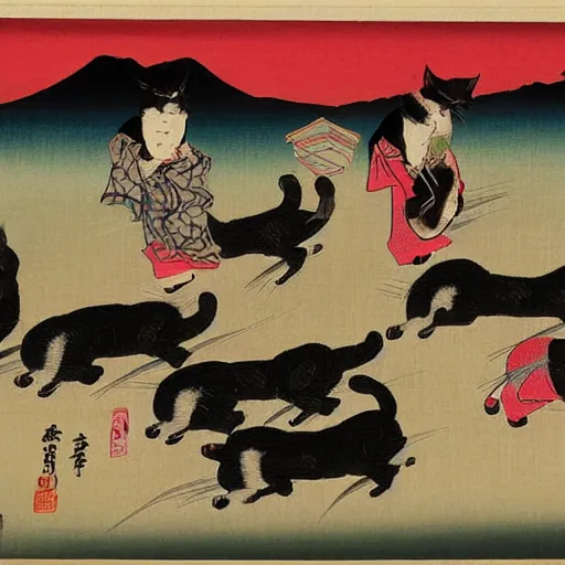 Image similar to masterpiece ukiyo-e painting of a cat parade at night