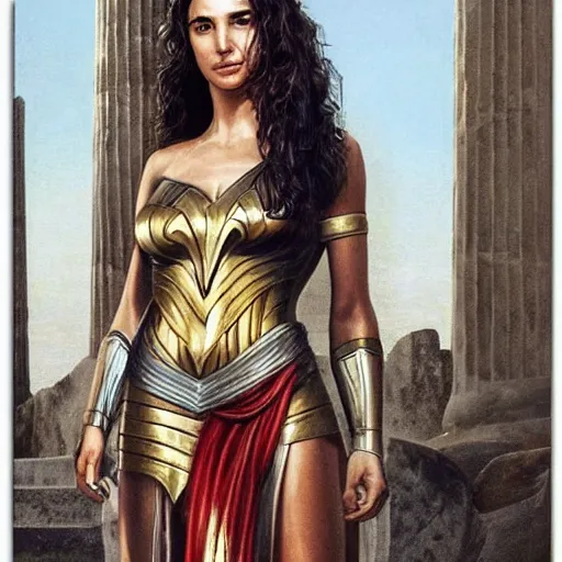 Image similar to Full body oil painting of the beautiful woman Gal Gadot, she is wearing some withe ancient roman cloths and a surreal ornate, her hair is natural disheveled, she is approaching heaven, she is in the Parthenon in Athens while people are claiming for her, she is attracting lightnings, aerial view, naturalism, dramatic lighting, high-detailed oil painting by Ilya Repin, Michelangelo da Caravaggio, William Blake, Alex Grey and Beksinski, trending on Artsatio, hystorical painting, masterpiece, 4k, 8k,