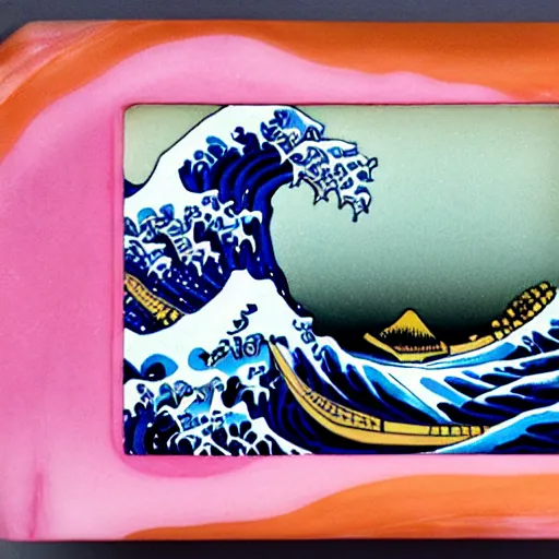 Image similar to carved diorama of The Great Wave off Kanagawa with pink lava and fire, carved out of transparent marble with celadon glaze:: Diorama:: Symmetrical, Isometric camera, wide angle:: Translucent, Iridescent, Ray Tracing Reflections, Harris Shutter, SFX, insanely detailed and intricate, hypermaximalist, elegant, ornate, ultra-realistic, HD Octane Render, 3d, masterpiece