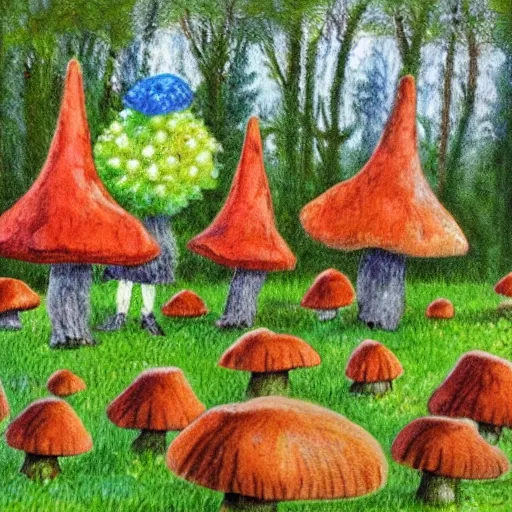 Prompt: gnomes working in a natural forest, building mushrooms, fairytale, impressionism