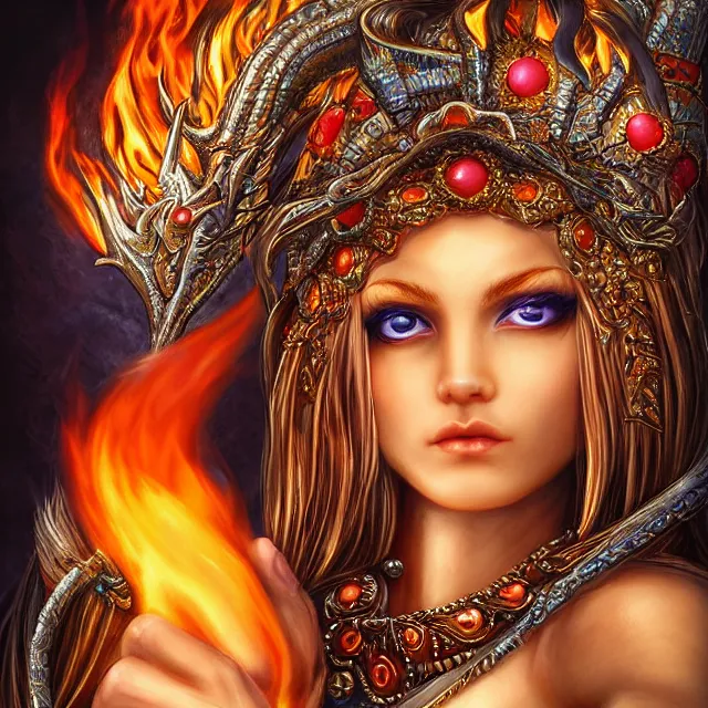 Image similar to perfectly centered close up portrait, goddess of fire, candid photography, by anne stokes, highly detailed, character concept