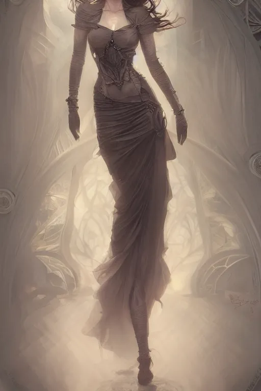 Image similar to woman with pale skin and faceted metal dress, fog, volumetric lighting, intricate, elegant, highly detailed, digital painting, artstation, concept art, smooth, sharp focus, art nouveau, steampunk, art by raymond swanland and alphonse mucha