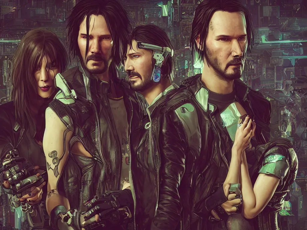 Image similar to a cyberpunk 2077 srcreenshot wedding couple portrait of a Keanu Reeves and a female android final kiss,love,film lighting,by Laurie Greasley,Lawrence Alma-Tadema,Dan Mumford,John Wick,Speed,Replicas,artstation,deviantart,FAN ART,full of color,Digital painting,face enhance,highly detailed,8K,octane,golden ratio,cinematic lighting