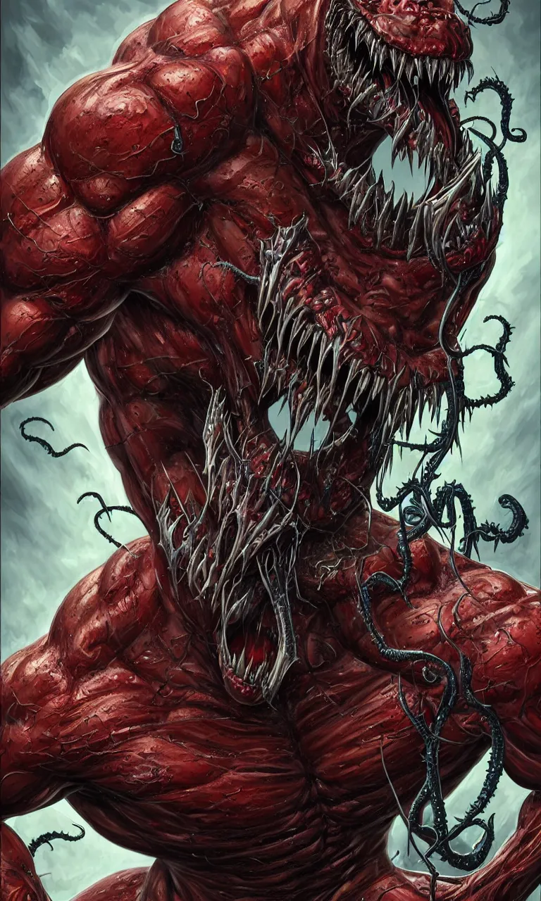 Prompt: hyper realist three quarter angle full body long shot of bodybuilder venom from marvel comics!!!!, large mouth with teeth, large tongue, lovecraftian horror!!, fantasy, intricate, elegant, highly detailed, digital painting, artstation, concept art, matte, sharp focus, illustration, art by glenn fabry and giger