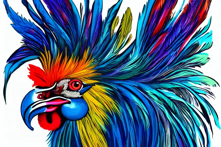 Image similar to illustration of a rooster with feathers of many colors, by liam cobb, lively colors, portrait, sharp focus, colored feathers