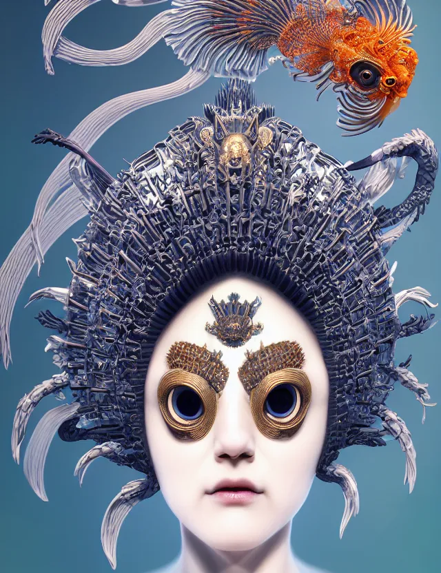 Image similar to 3 d goddess close - up profile portrait with crown, ram skull. beautiful intricately detailed japanese crow kitsune mask and clasical japanese kimono. betta fish, jellyfish phoenix, bio luminescent, plasma, ice, water, wind, creature, artwork by tooth wu and wlop and beeple and greg rutkowski