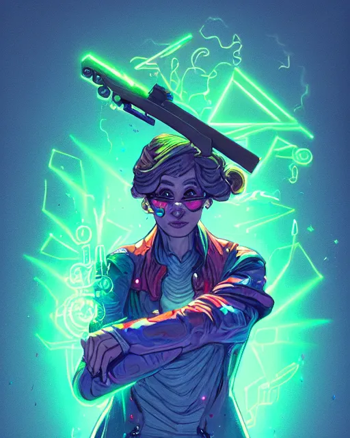 Prompt: A sorcerer wielding two Glock pistols, bust shot, smooth, intricate, elegant, power aura, neon glowing spells, digital painting, artstation, concept art, high tech fantasy, sharp focus, illustration, art by James Jean