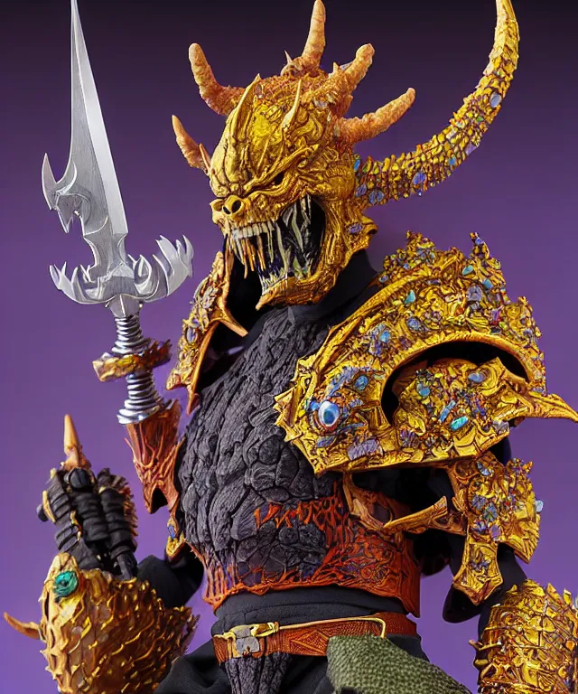 Image similar to hyperrealistic rendering, epic boss fight, ornate supreme demon overlord, jewel crown, war armor battle, by art of skinner and richard corben, product photography, collectible action figure, sofubi, hottoys