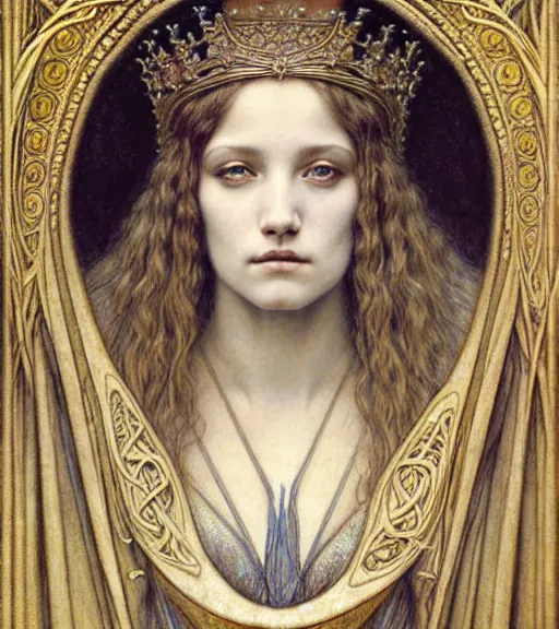 Image similar to detailed realistic beautiful young medieval queen face portrait by jean delville, gustave dore and marco mazzoni, art nouveau, symbolist, visionary, gothic, pre - raphaelite. horizontal symmetry