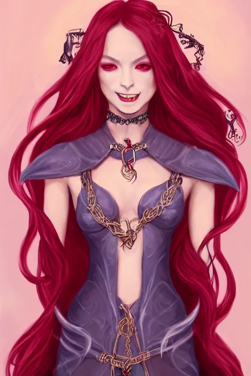 Image similar to a full body portrait of a gorgeous female sorceress, looking at camera, D&D, choker on neck, stylish dress with arcane magic symbols, very long flowing red hair, intricate, elegant, stylish, cute slightly nerdy smile, mouth slightly open, fantasy, extremely detailed, digital painting, artstation, concept art, smooth, sharp focus, illustration, stunning lighting, art by artgerm and greg rutkowski and alphonse mucha and simon stalenhag