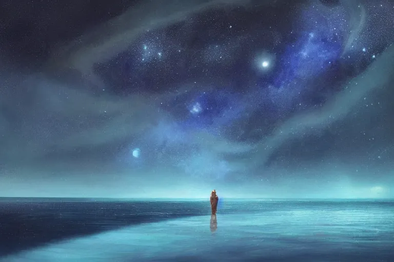 Prompt: beautiful astronaut relaxing at the Sea Of Stars of Vaadhoo Island Maldives, Bioluminescent sea plankton that shines bright blue during the night makes the sea area, glowing water, intricate, elegant, luxurious, digital painting, concept art, smooth, sharp focus, from Star Trek 2021, illustration, by WLOP and Ruan Jia and Mandy Jurgens and William-Adolphe Bouguereau, Artgerm