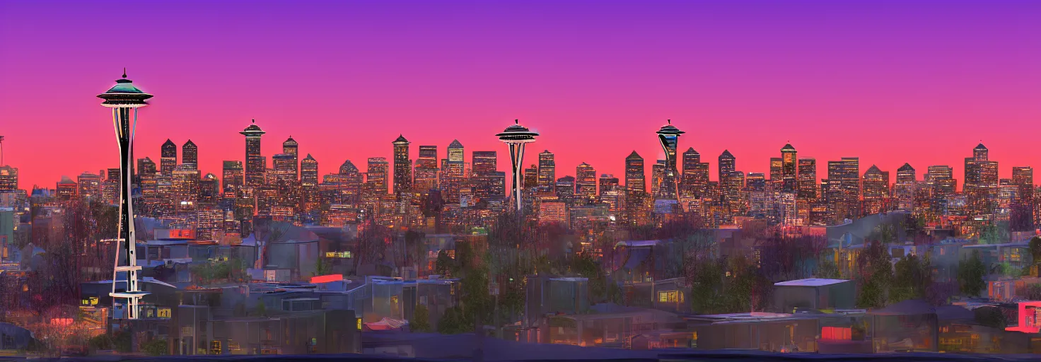 Prompt: panorama of Seattle at sunset, retro, highly-detailed, nostalgic, trending on artstation, 4k, trail lights, lowpoly, digital art, slight fog