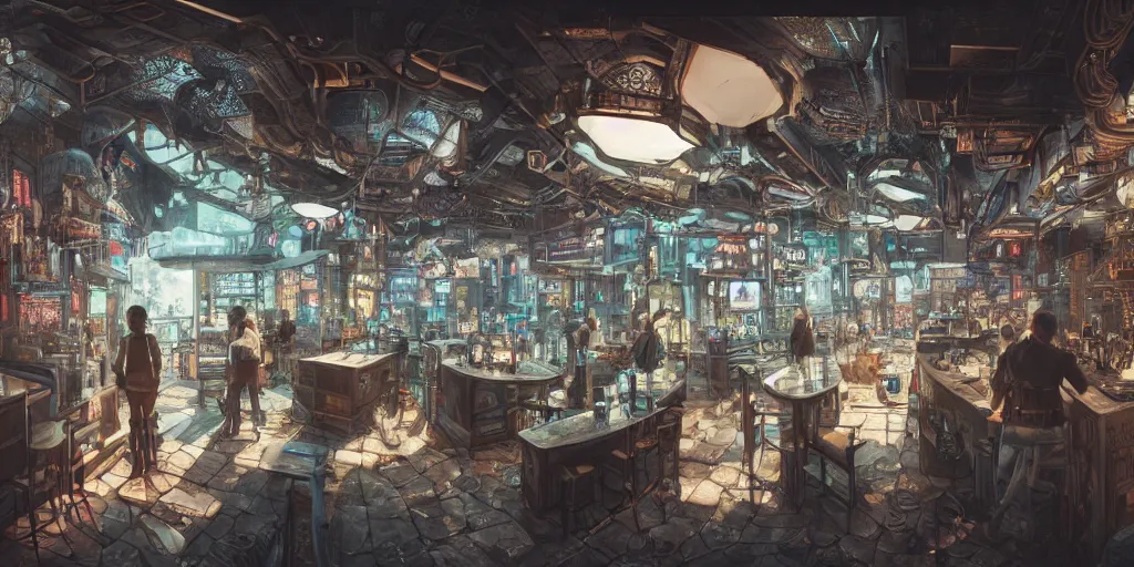 Prompt: Highly detailed realistic interior design in style of Hiromasa Ogura and Josan Gonzalez of detailed cyberpunk tavern with minimalism stone walls and neon lights, a lot of electronics and people, many details. Natural white sunlight from the transperient roof. Panorama on 360 degrees Rendered in 32K in VRAY and DaVinci Resolve and MAXWELL and LUMION 3D, Volumetric natural light