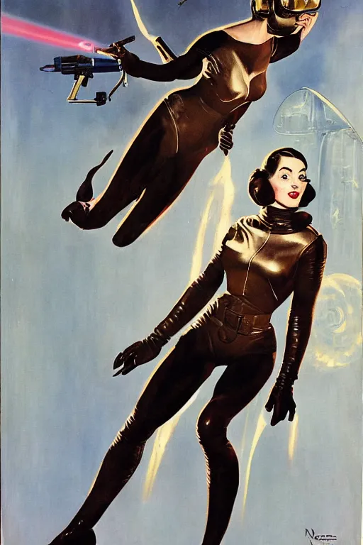 Image similar to 5 0 s pulp scifi fantasy illustration full body portrait slim mature woman in leather spacesuit firing retro ray gun laser beam, by norman rockwell, roberto ferri, daniel gerhartz, edd cartier, jack kirby, howard v brown, ruan jia, tom lovell, frank r paul, jacob collins, dean cornwell, astounding stories, amazing, fantasy, other worlds