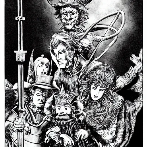 Image similar to The Wizard of Oz by Kentaro Miura, highly detailed, black and white