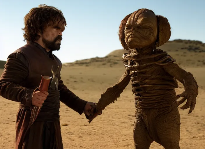 Image similar to peter dinklage knife fighting e. t. the extra - terrestrial, movie still, from the new toys r us movie, 8 k, realistic