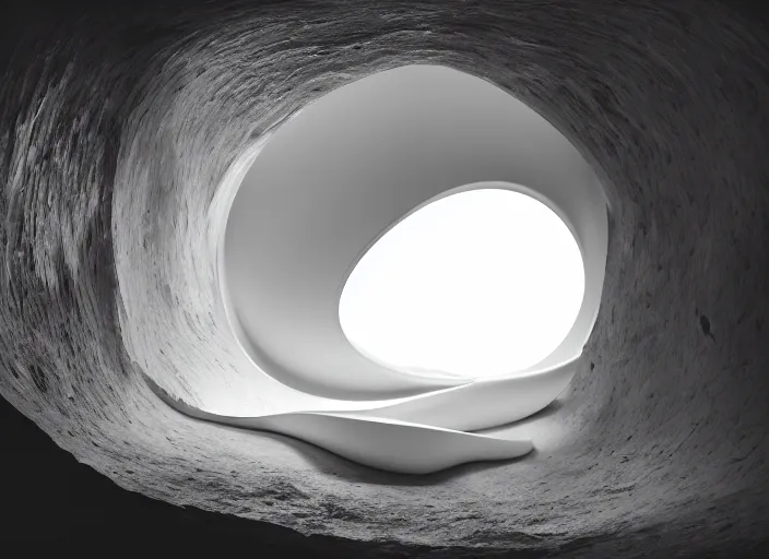 Prompt: white perfume bottle on a circular platform in the centre of an abandoned zen white cave full of geodes, beautiful curves, golden ratio, epic lighting, unusual composition, 4 k, zaha hadid, irakli nadar