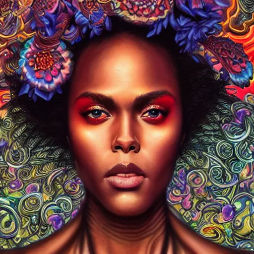 Image similar to portrait of dewanda wise, hyper detailed masterpiece, neon floral pattern, jean giraud, digital art painting, darkwave goth aesthetic, psychedelic, artgerm, donato giancola and tom bagshaw