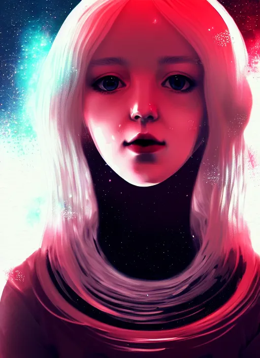 Prompt: highly detailed portrait of a hopeful pretty astronaut lady with a wavy blonde hair, by Kim Keever , 4k resolution, nier:automata inspired, bravely default inspired, vibrant but dreary but upflifting red, black and white color scheme!!! ((Space nebula background))