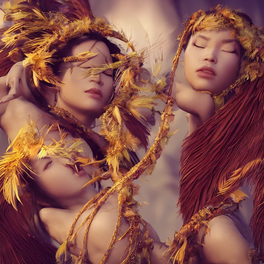 Image similar to closeup photoshoot of single asian goddess of bliss and honey, feathers hair, silk flowing in wind, totemic ritualistic tarot sigils embedded in ruby skin, photoreal, unreal engine, redshift render, trending on artstation