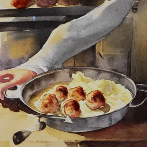 Prompt: a rabbit cooking mashed potatoes and meatballs in a cozy french kitchen, realistic watercolour