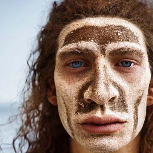 Image similar to minimalist photography portrait of an elaborately adorned neanderthal woman, face mud, symmetrical, super close up, mid thirties, freckles, cute round slanted eyes, sunburnt skin, wide nostrils, high cheekbones, high flat eyebrows, ethereal essence, angelic, leica 1 0 0 mm f 0. 8