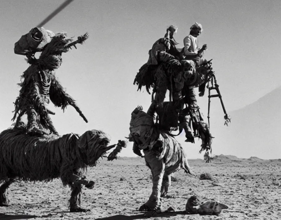 Prompt: Still from the original Star Wars of a Tusken raider riding a giant dachshund on Tatooine