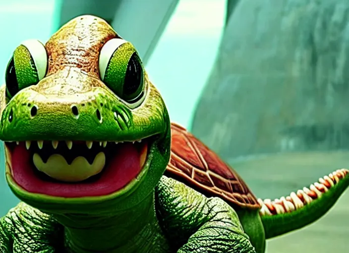 Image similar to film still of yoshi in the new sci - fi movie, cute upright dinosaur standing on its hind legs with a small turtle shell and long tongue, 8 k