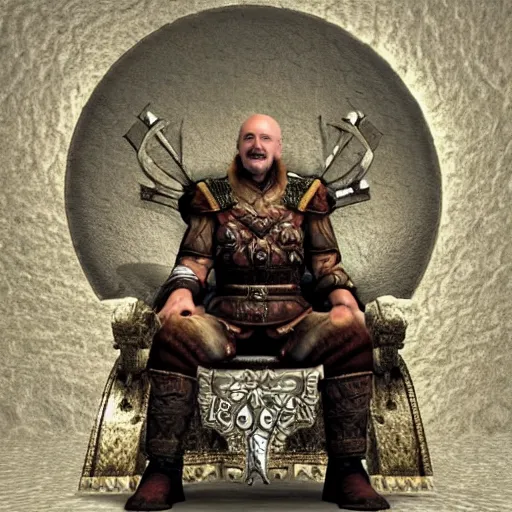 Image similar to Alexander Lukashenko as a Jarl in The Elder Scrolls V: Skyrim sitting on his throne in a relaxed rude pose