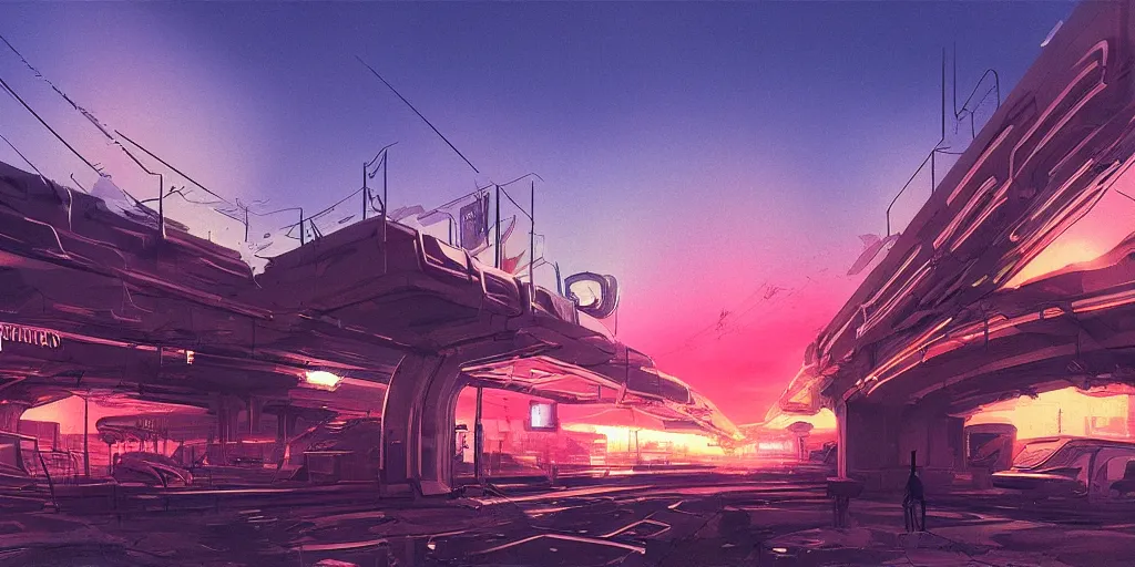 Image similar to post apocalyptic wasteland neon futuristic cyberpunk vaporwave glow sunset clouds sky subway tunnel illustration by syd mead concept art