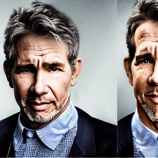 Image similar to the face of a succesful man who looks like a mix of Harrison Ford, Tom Hanks, Tom Cruise and Ryan Reynolds. highly detailed uncropped full-color epic corporate portrait photograph. best corporate photoraphy photo winner, meticulous detail, hyperrealistic, centered uncropped symmetrical beautiful masculine facial features, atmospheric, photorealistic texture, canon 5D mark III photo, professional studio lighting, aesthetic, very inspirational, motivational