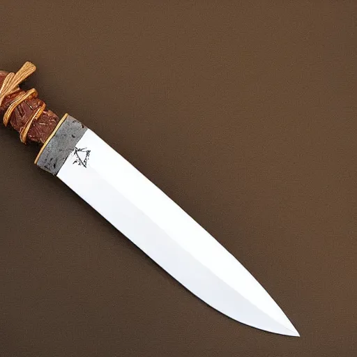 Image similar to “primitive bone dagger with leather cord wrapped around the handle, blade made out of bone”