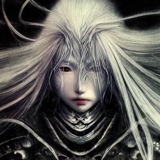 Image similar to yoshitaka amano blurred and dreamy realistic illustration of an anime girl with wavy white hair and cracks on her face wearing elden ring armour with the cape fluttering in the wind, abstract black and white patterns on the background, noisy film grain effect, highly detailed, renaissance oil painting, weird portrait angle