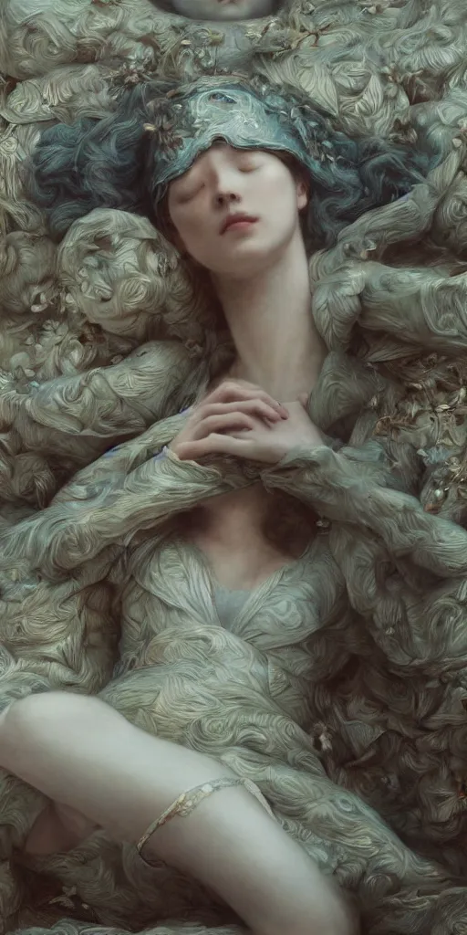 Image similar to sleeping queen, masterpiece by Edgar Maxence and Ross Tran and Michael Whelan, 8k, octane render
