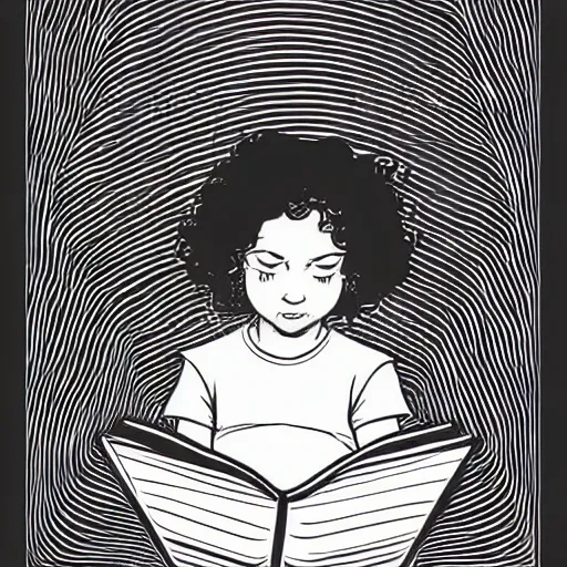 Prompt: clean simple line art of a little girl with wavy curly hair reading a book. white background. well composed, clean black and white line drawing, beautiful detailed face. illustration by josan gonzalez and steve ditko and greg rutkowski