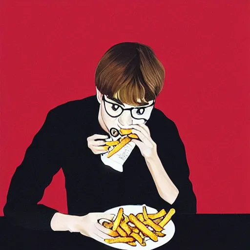 Prompt: taehyung eating gucci fries, 6 0 0 0 dollar fries fried by gucci by rembrandt