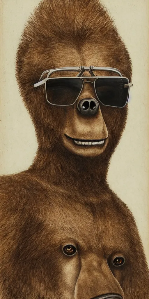 Prompt: a detailed portrait of a humanoid bear man wearing aviators