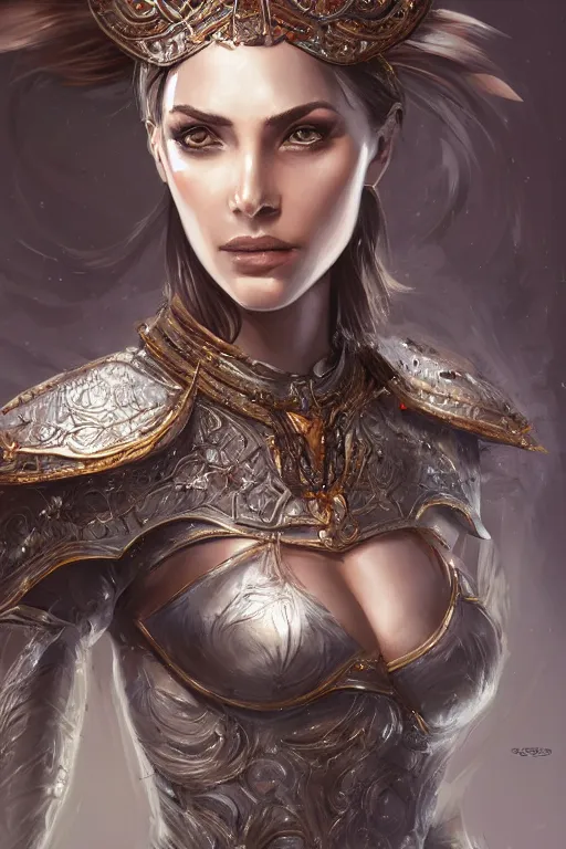 Image similar to three-quarters portrait pose of a beautiful woman, slim body, shining armor, human warrior, fantasy, intricate, elegant, highly detailed, digital painting, artstation, concept art, matte, sharp focus,D&D, illustration, art by Stanley Lau